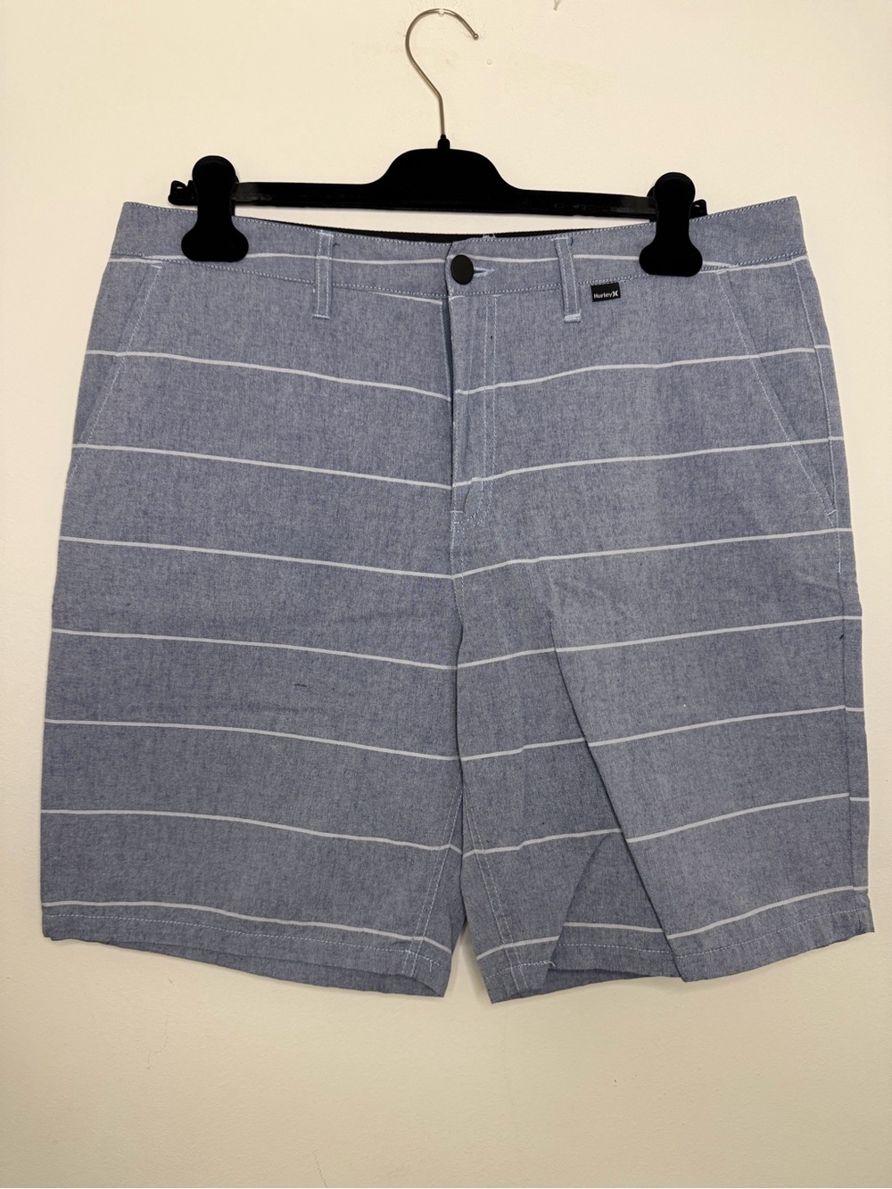 Hurley Blue and White Striped Flat-Front Shorts
